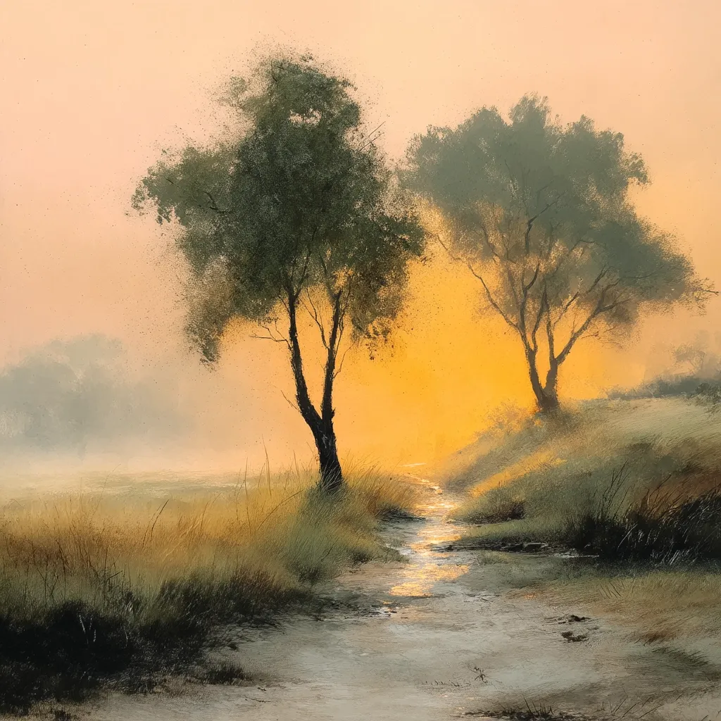 A serene landscape painting depicts two trees standing sentinel beside a tranquil stream at sunset.  The warm, golden light bathes the scene in a soft glow, casting a hazy atmosphere.  Tall grasses frame the waterway, leading the eye towards a misty horizon. The overall impression is one of peace and quietude in a natural setting.