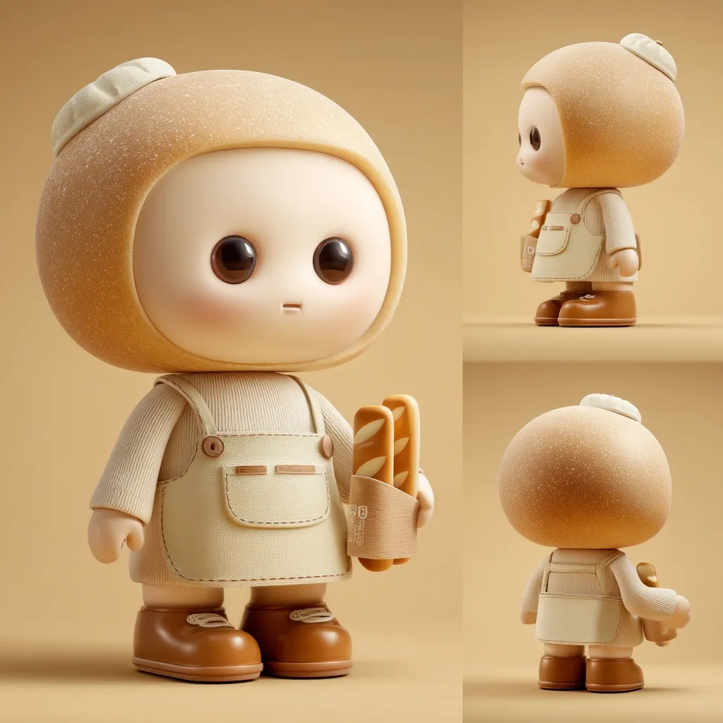 A 3D-rendered illustration showcases an adorable, chibi-style character.  The character has a round, bread-like head, wearing a beige outfit resembling overalls and a baker's cap.  It holds two baguettes, reinforcing the bakery theme.  Multiple views of the character are presented, showcasing its design from various angles. The overall aesthetic is soft, warm, and charming, with a muted beige color palette.