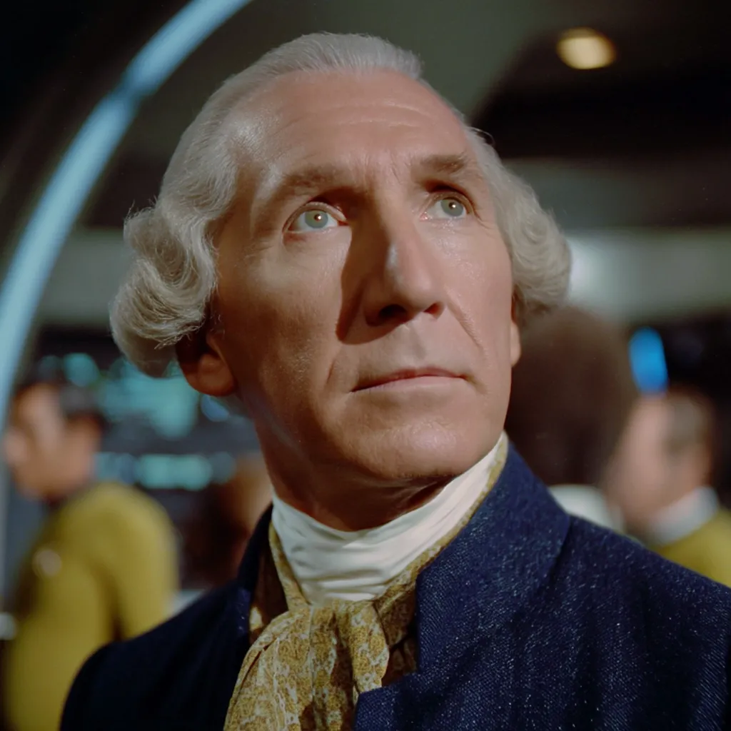 A close-up shot depicts a man with powdered, styled white hair, reminiscent of 18th-century fashion. He wears a dark blue jacket over a white cravat and a patterned cravat.  His expression is thoughtful, his gaze directed upward. The background is blurred, suggesting a futuristic or science fiction setting with individuals in yellow uniforms visible. The overall image evokes a sense of contemplation and perhaps a juxtaposition of historical and futuristic elements.