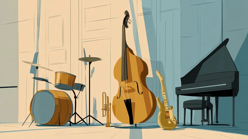 A stylized illustration showcases a collection of musical instruments.  A double bass stands prominently, flanked by a grand piano and an electric guitar.  A drum kit is positioned to the left, accompanied by a trumpet. The scene is set in a room with pale walls, suggesting a rehearsal space or recording studio. The artistic style is minimalist, employing muted colors and clean lines.
