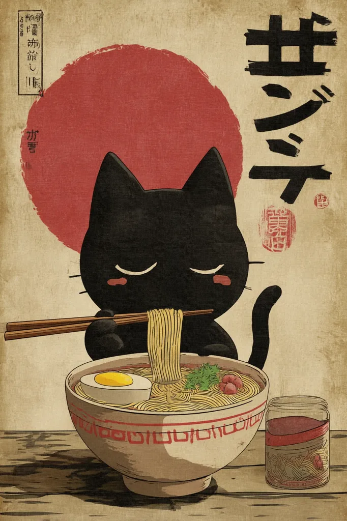 A black cat, depicted in a Japanese ukiyo-e style, sits contentedly enjoying a bowl of ramen.  The cat uses chopsticks to savor the noodles, a soft boiled egg visible in the broth.  A red sun and Japanese kanji characters provide a backdrop, enhancing the artistic aesthetic. The scene evokes a sense of calm and traditional Japanese culture. A small jar of what appears to be more ramen is on the table beside the bowl.
