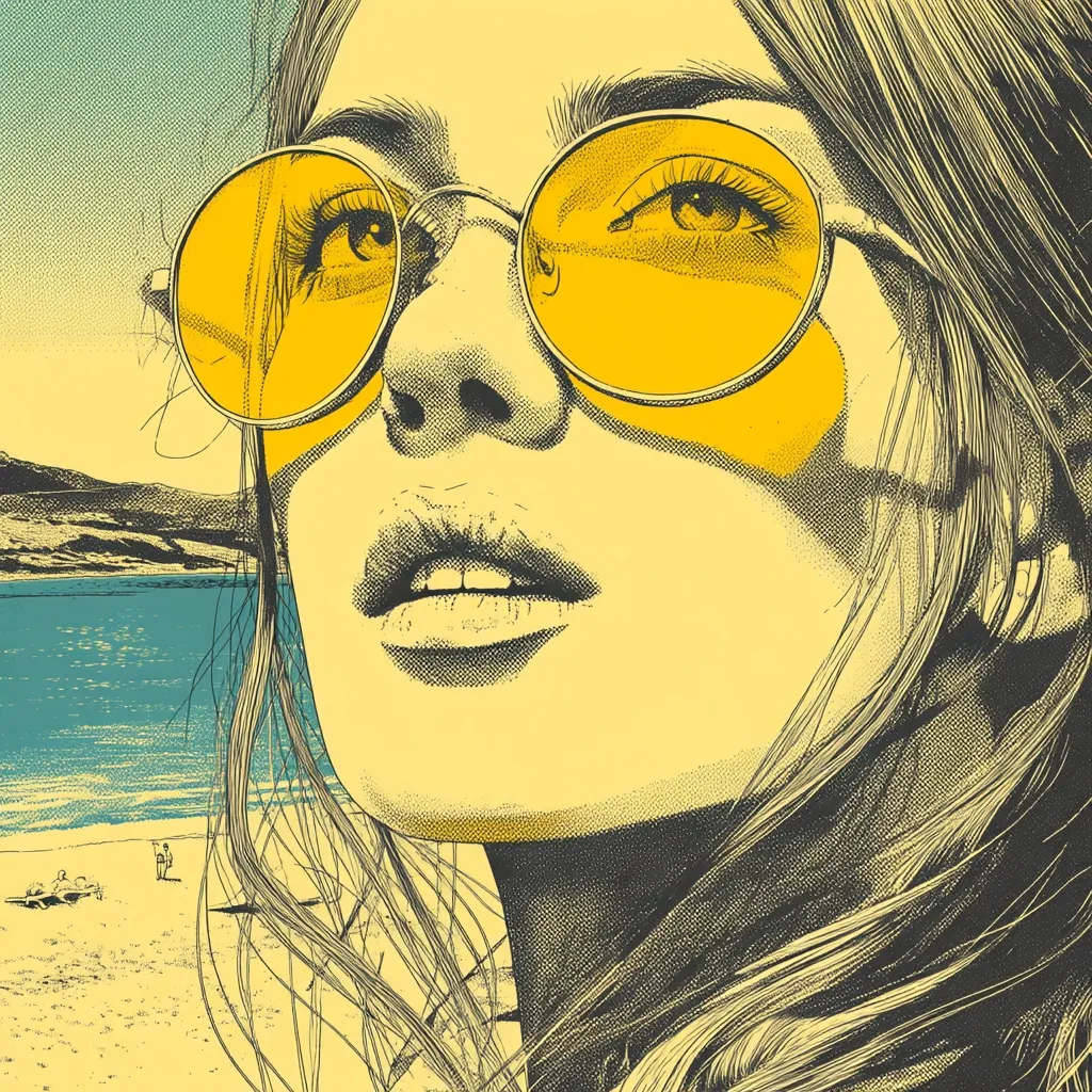 A stylized illustration of a woman's face, her gaze directed upwards.  She wears large, round yellow sunglasses, reflecting a beach scene in their lenses. Her long hair flows around her, partially obscuring her shoulders. The background hints at a tranquil beach with a calm sea and distant hills, creating a summery, carefree mood. The artistic style is reminiscent of a halftone print or screen print.