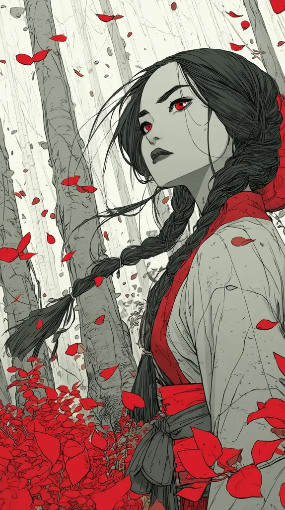 A stylized illustration of a young woman with long black braided hair, piercing red eyes, and a grey and red kimono.  She stands amidst a grey forest with vibrant red leaves falling around her. The art style is reminiscent of manga, with sharp lines and a monochromatic palette accented by the bold red.  The overall mood is serene yet slightly mysterious.