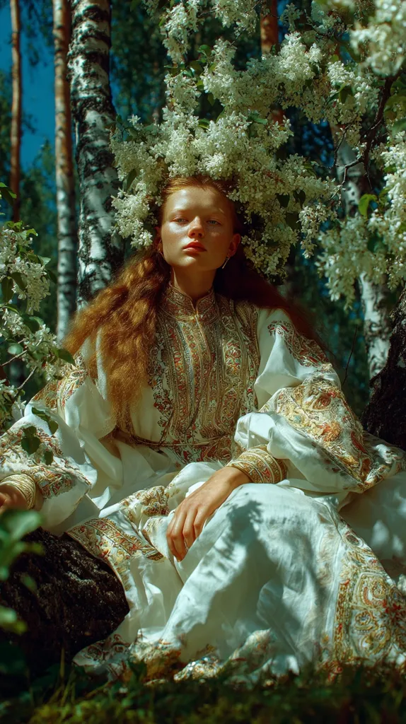 A young woman with long, auburn hair sits amidst a birch forest.  She wears a flowing, ornate white dress adorned with intricate gold patterns and a crown of white blossoms.  Sunlight filters through the trees, casting dappled shadows on her and the dress. Her serene expression and the ethereal setting create a mystical, dreamlike atmosphere.