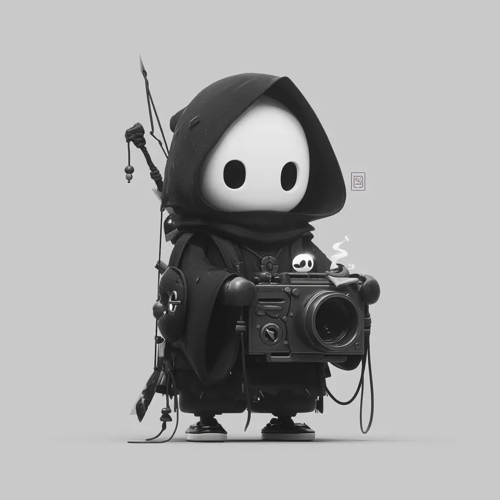 A monochrome illustration depicts a chibi-style figure, resembling a hooded grim reaper, holding a vintage-style camera. The character is small, with a large, round head and a simple, dark robe.  The camera is detailed and steampunk-inspired, adding a contrast to the character's minimalist design.  Accessories like a staff and other small details complete the scene. The overall style is dark and whimsical.