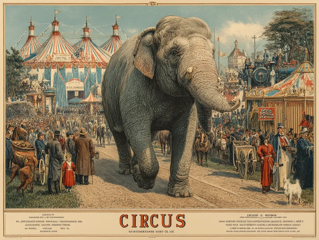 A large elephant leads a procession toward a circus in this vintage poster.  The scene is bustling with people, horses, and carriages.  Several large striped tents are visible, along with a steam train. The detailed artwork depicts a lively atmosphere of a late 19th-century circus.  The poster is titled "Circus" and includes text in German and English.