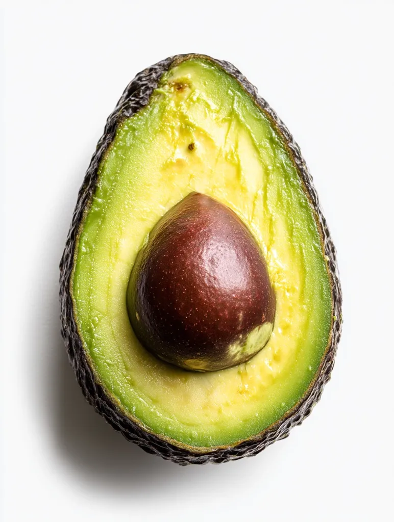 A close-up shot reveals the halved flesh of a ripe avocado, showcasing its vibrant green interior and a dark brown pit nestled in the center. The avocado's skin displays a textured, dark-colored exterior.  The image is set against a clean, white background, highlighting the avocado's rich color and texture.