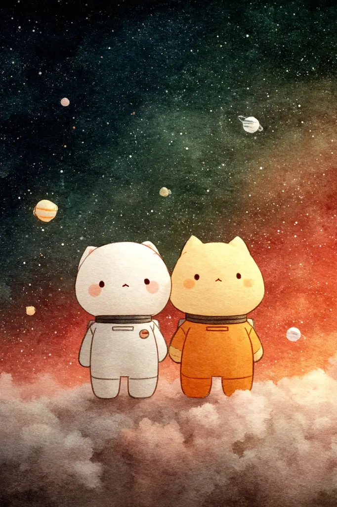 Two adorable cat astronauts, one in a white and one in an orange spacesuit, stand hand-in-hand on a cloud in space.  A watercolor-style illustration depicts a vibrant cosmos filled with stars and planets behind them.  The scene is serene and evokes a sense of wonder and companionship in the vastness of space.