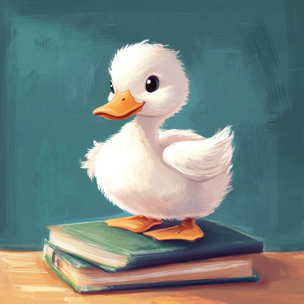 A fluffy white duckling stands proudly atop a stack of two books.  The duckling is depicted in a charming, almost cartoonish style, with large, expressive eyes. The books are a dark green and a muted brown, providing a subtle contrast to the duckling's bright white feathers and orange beak and feet. The background is a teal-green, suggesting a calm, studious atmosphere.  The overall scene is whimsical and endearing.