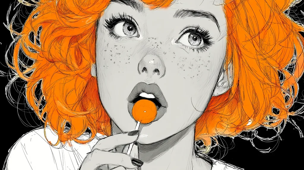 A stylized portrait of a young woman with vibrant orange, curly hair. Her face is rendered in grayscale, emphasizing her freckles and expressive eyes.  She holds an orange lollipop, her lips slightly parted around it. The contrast between the monochrome face and the bold hair color creates a striking visual effect. The art style is reminiscent of comic book illustration with a soft, sketch-like quality.