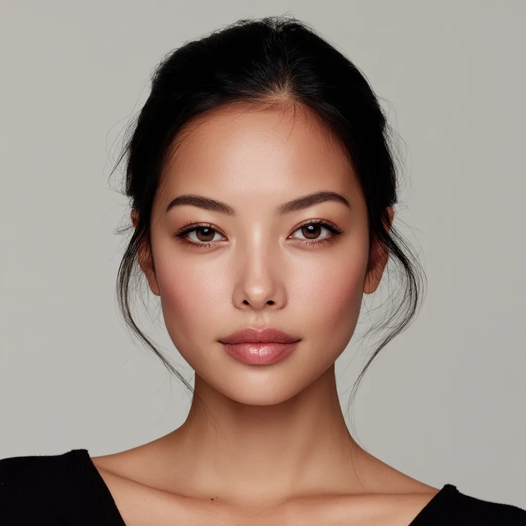 A young woman with dark hair pulled back in a bun looks directly at the camera.  Her skin is smooth and clear, with subtle makeup enhancing her natural features. She has dark eyes and full lips. The background is a neutral gray. The overall image is clean and aesthetically pleasing, highlighting her beauty.