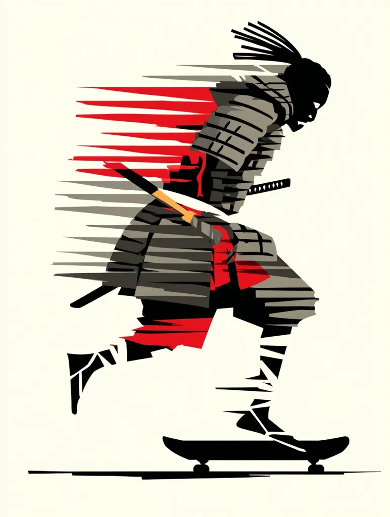 A stylized illustration depicts a samurai skateboarding at high speed.  The figure is rendered in shades of gray and red, with motion lines suggesting rapid movement.  The samurai's attire, including a katana, is clearly visible despite the blurred effect. The overall style is bold and graphic, blending traditional Japanese aesthetics with modern skateboarding culture.