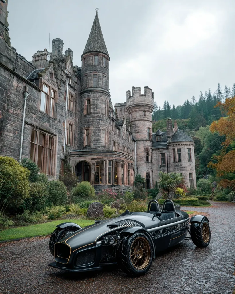 A sleek, dark-colored sports car is parked in front of a majestic, stone castle. The castle, with its towering turrets and intricate architecture, appears to be nestled in a lush, green landscape.  The overcast sky adds to the dramatic atmosphere of the scene, highlighting the contrast between the modern vehicle and the ancient building. The overall image evokes a sense of luxury and adventure.