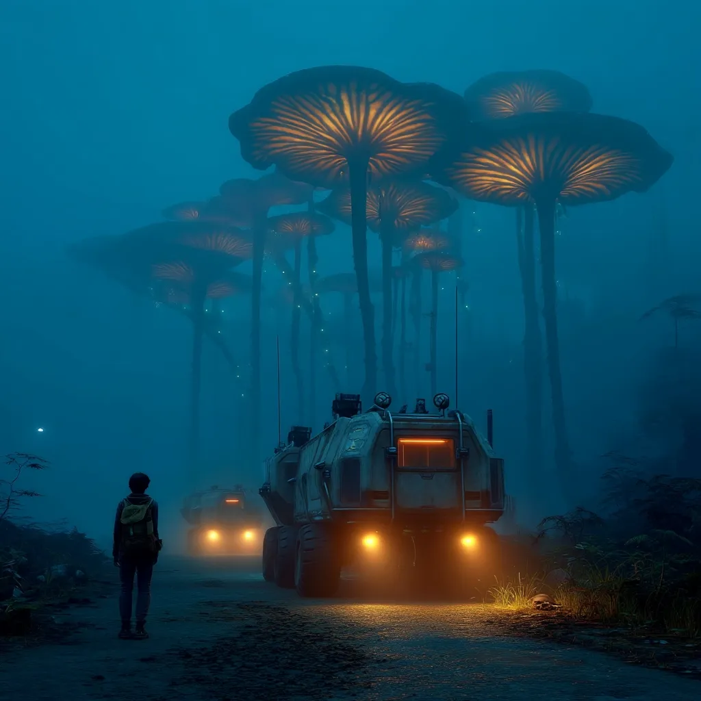 A lone figure stands on a misty path, gazing at two futuristic vehicles traveling through a surreal forest.  Towering, bioluminescent mushrooms illuminate the path, casting an ethereal glow on the scene. The atmosphere is mysterious and tranquil, hinting at a journey into an unknown, possibly alien, environment. The overall color palette is cool blues and muted greens, enhancing the otherworldly setting.