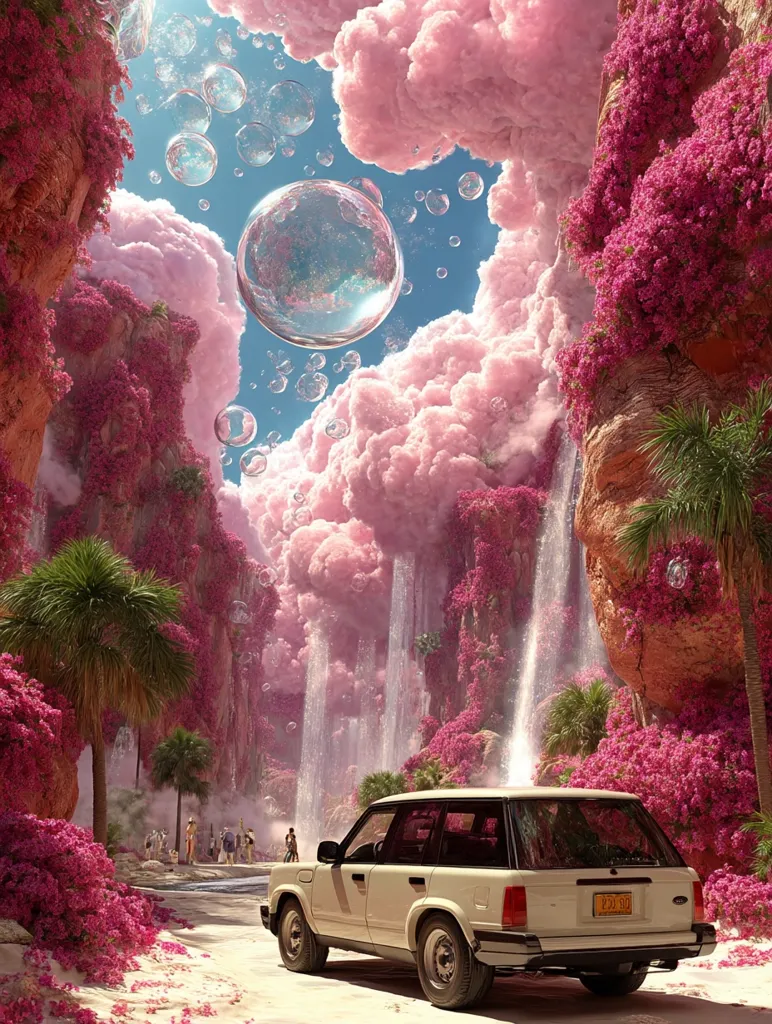 A whimsical digital artwork depicts a surreal landscape.  Pink, cotton-candy clouds and waterfalls cascade down rocky cliffs adorned with vibrant pink blossoms.  Giant soap bubbles float in the sky above a sandy path where a vintage station wagon is parked. People are seen in the distance, adding to the dreamlike atmosphere of this fantastical scene. Palm trees line the path, enhancing the idyllic, otherworldly feel.