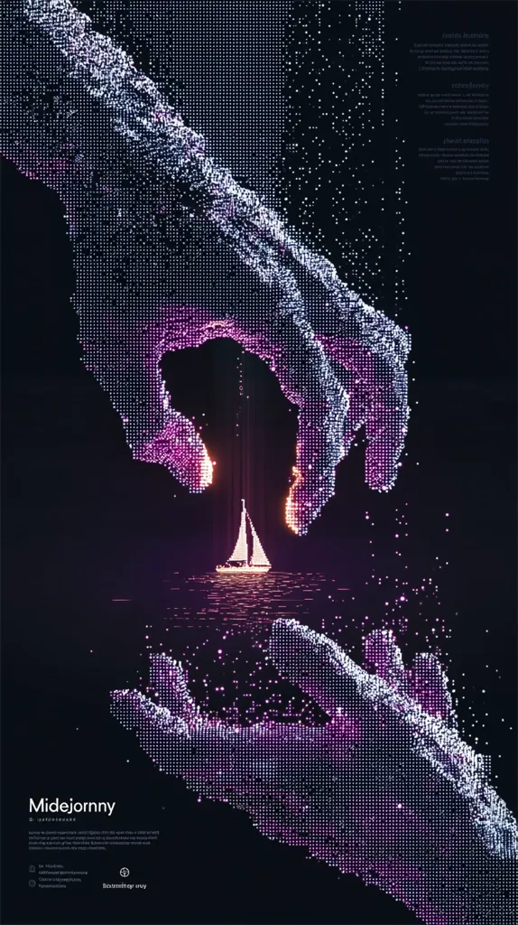 A captivating digital artwork depicts two particle-formed hands gently cradling a small sailboat on dark water.  The hands, rendered in shimmering purple and white particles, create a sense of ethereal protection. The sailboat glows softly, illuminated from below. The overall aesthetic is dark, mystical, and evocative of creation or nurturing.  The image is credited to Midjourney.