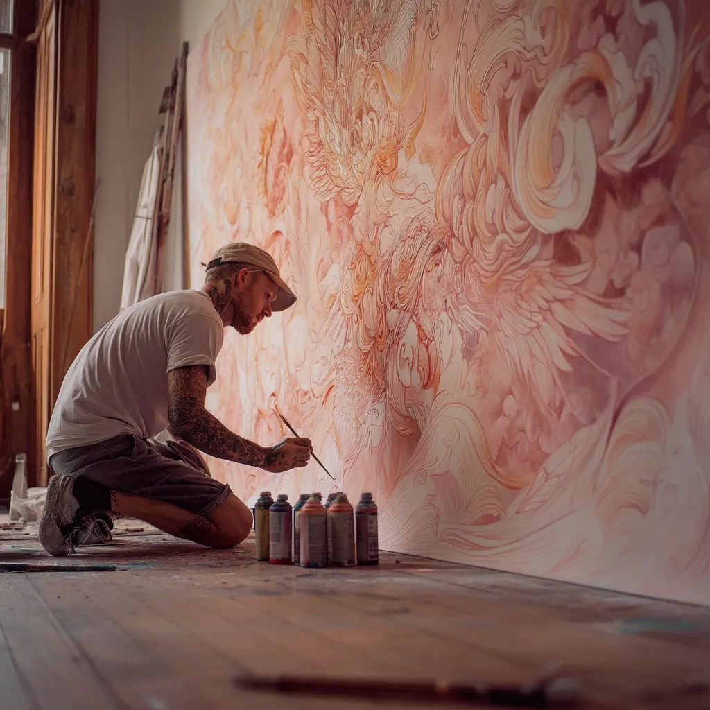 A tattooed artist, wearing a beige cap and light-colored shirt, kneels on a wooden floor.  He meticulously paints a large-scale artwork depicting swirling, ethereal forms in shades of peach and orange.  The intricate design features flowing lines and winged creatures, filling a wall-sized canvas.  Several spray paint cans are arranged near him, suggesting a mixed-media approach to this captivating piece.