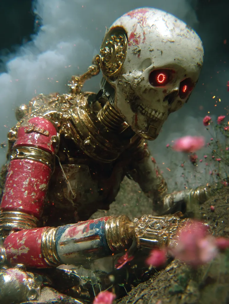 A decaying golden robot with a skull-like head and glowing red eyes is partially buried in the earth.  Its ornate, metallic body shows signs of wear and damage, with red paint flaking from its arms.  Smoke or dust surrounds it, adding to the scene's gritty, post-apocalyptic atmosphere. Pink flowers bloom in the foreground, contrasting with the robot's metallic decay.