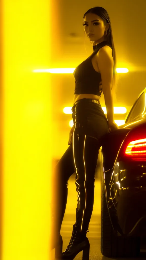 A young woman with long dark hair poses confidently beside a sleek black car in a dimly lit parking garage bathed in yellow light. She is dressed in a black crop top and pants with luminous stripes, and stylish high-heeled boots. The overall ambiance is stylish and mysterious, with the warm yellow tones creating a striking contrast against the dark clothing and vehicle.  Her gaze is directed toward the viewer, exuding an air of allure.