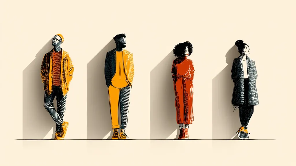 A stylized illustration showcases four individuals standing against a light beige wall, each casting a shadow.  The figures, rendered in a sketch-like style with muted color palettes, are dressed in contemporary casual attire.  They appear poised and thoughtful, creating a sense of quiet contemplation and individual style.  The composition emphasizes both individuality and a shared space.