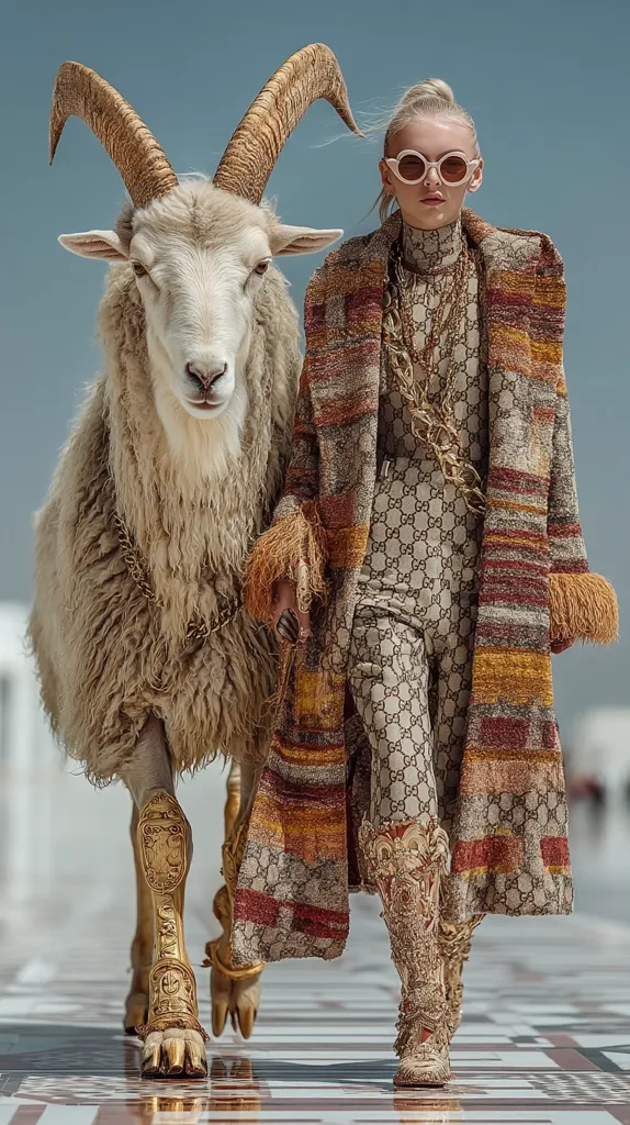 A fashion model in a Gucci patterned coat and ornate boots walks alongside a large, fluffy ram adorned with gold leg armor.  The setting appears to be an outdoor runway or photoshoot, with a light-colored stone floor. The model wears round sunglasses and gold necklaces, completing a luxurious, eccentric ensemble. The overall image is striking and surreal, juxtaposing high fashion with an unexpected animal companion.