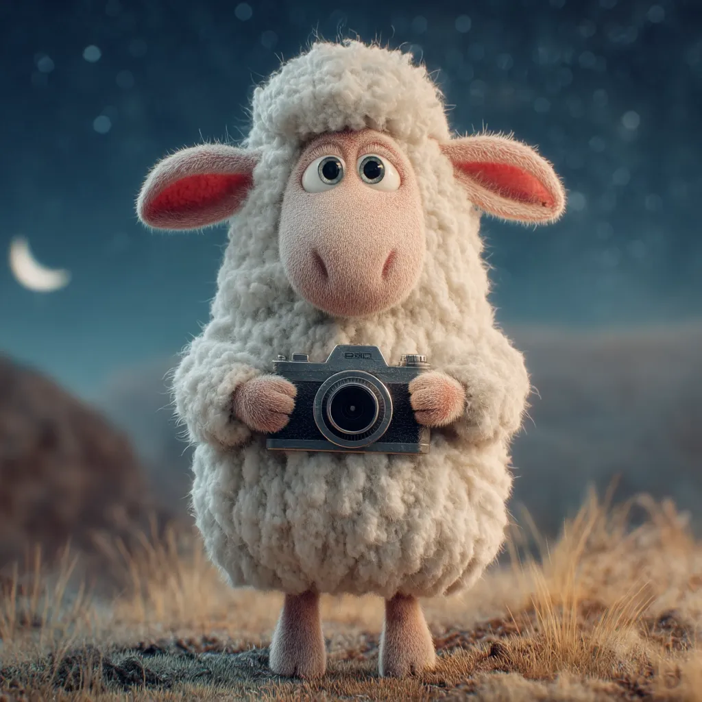 A fluffy, cartoon lamb stands in a field at night, holding a vintage camera.  The lamb has large, expressive eyes and a charmingly innocent expression.  A crescent moon is visible in the background, along with a starry night sky. The overall scene is whimsical and evokes a sense of peace and tranquility.