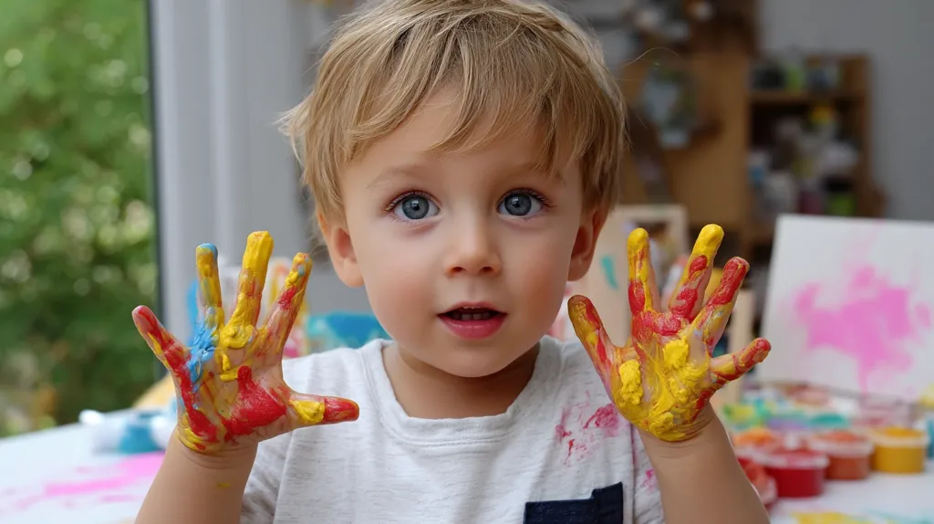 A toddler with blonde hair proudly displays his paint-covered hands.  Red, yellow, and blue finger paints adorn his palms and fingers. He's wearing a light-colored shirt, also speckled with paint. The background is blurred, showing a glimpse of a brightly colored art supply area.  His expression is one of happy accomplishment.