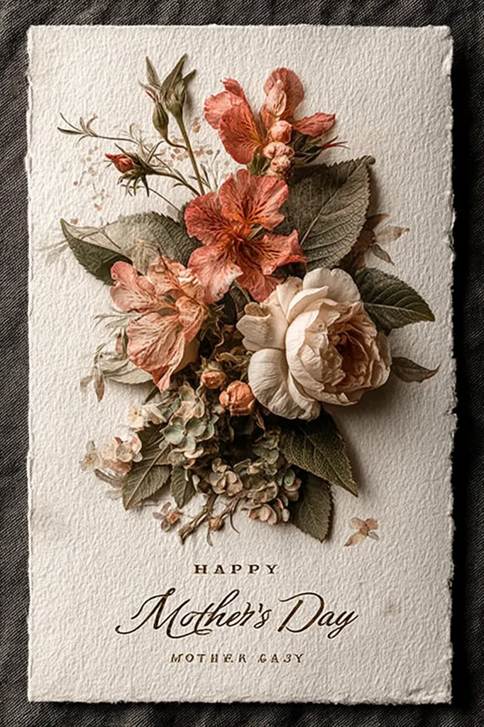 A rustic Mother's Day card features a pressed flower arrangement.  Delicate peach and cream roses, along with other dried blooms and greenery, are artfully composed on textured cream paper. The elegant script "Happy Mother's Day" is subtly printed below the floral design.  The overall aesthetic is vintage and romantic, suggesting a heartfelt and cherished message.