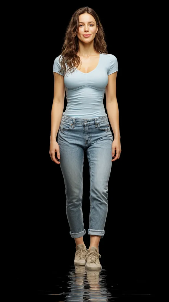 A young woman with long brown hair stands against a black background. She's wearing a light blue, fitted V-neck t-shirt and light blue jeans that are cuffed at the ankles. Her taupe sneakers complete the casual look. She smiles directly at the camera, presenting a confident and approachable demeanor.  The image is sharply focused, highlighting her features and attire.