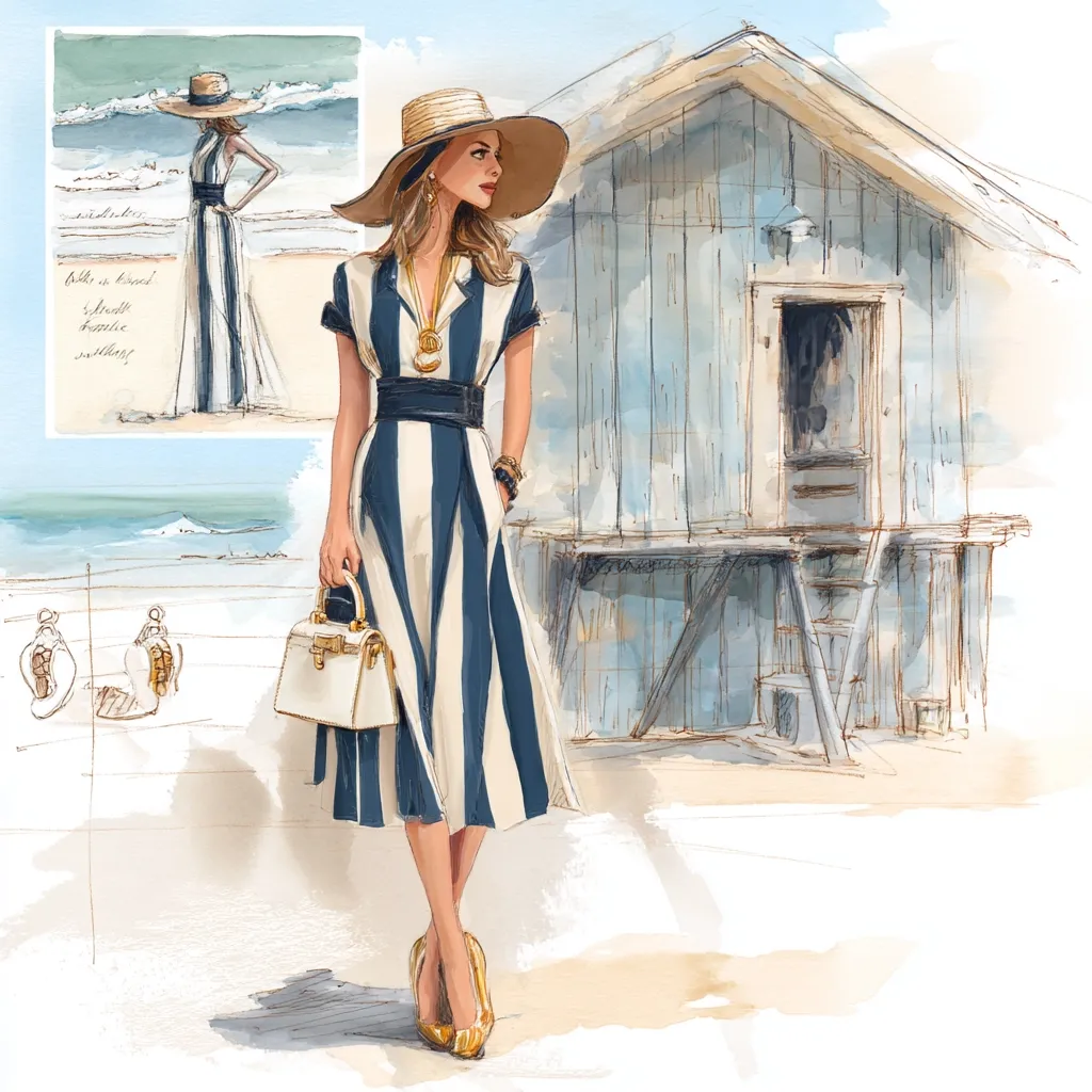 A stylish watercolor illustration depicts a woman in a navy and white striped midi dress, a wide-brimmed straw hat, and gold heels. She carries a white handbag, standing near a quaint beach hut.  In the background, a smaller illustration shows a similar dress in a flowing maxi style, suggesting a beachside fashion concept.  The overall style is elegant and summery.