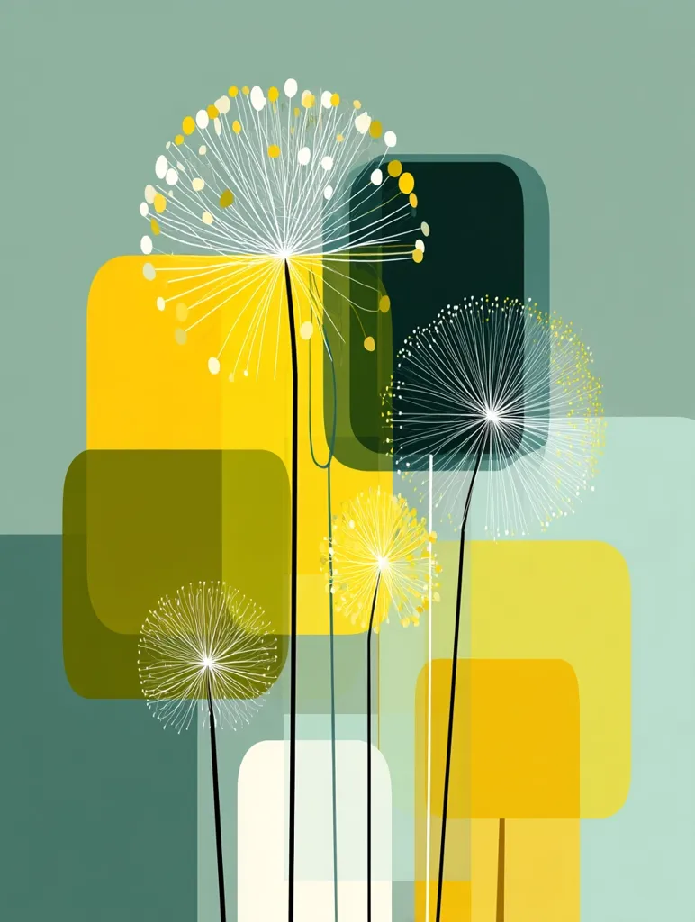 A stylized artwork features several dandelion-like seed heads with delicate, radiating lines, set against a backdrop of overlapping geometric shapes.  The shapes are primarily rectangular and square, in varying shades of yellow and green, creating a mid-century modern aesthetic.  The overall effect is one of minimalist elegance and natural form contrasted with geometric precision.