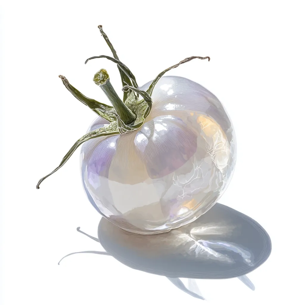 A stylized illustration showcases a single, translucent white tomato.  The tomato's skin appears almost iridescent, with subtle variations in shading suggesting light reflecting off its surface.  Its green stem and calyx are detailed, contrasting with the smooth, pearlescent body. The tomato casts a soft shadow, enhancing its three-dimensional form against a stark white background. The overall effect is one of delicate beauty and unusual texture.