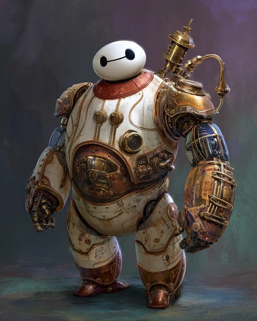 A steampunk-style Baymax robot stands against a muted background.  The design incorporates exposed gears, brass piping, and rivets, giving it a vintage mechanical aesthetic.  The familiar Baymax head is atop a sturdy, rounded body, blending the character's soft features with the intricate details of the mechanical design. The color scheme is a mix of off-white, copper, and brown, enhancing the steampunk feel.