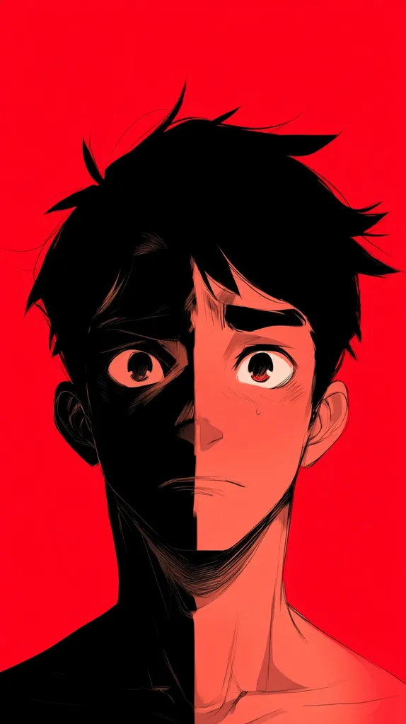 A stylized portrait of a young man, his face bisected by a stark black and red division.  One side is shadowed, conveying a sense of darkness or hidden emotion, while the other is illuminated, showing a more vulnerable expression.  The contrasting colors and the sharp line down the middle create a powerful visual representation of duality or internal conflict.  His dark hair and bare chest add to the overall dramatic effect against the bold red background.