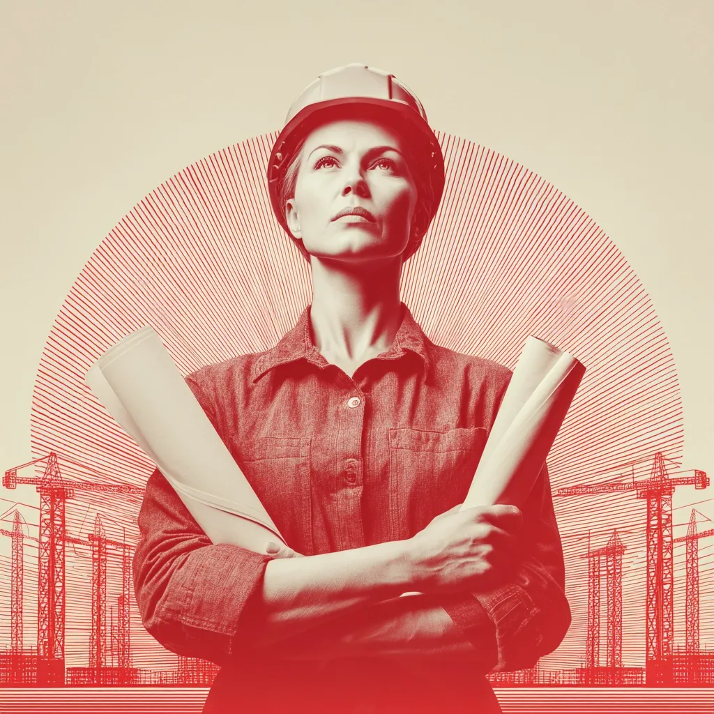 A female construction worker, depicted in a red-toned image, stands confidently with blueprints under her arms.  She wears a hard hat and work shirt, her gaze directed upward.  A stylized sunburst effect radiates behind her, while a backdrop of construction cranes emphasizes her profession.  The overall impression is one of strength, determination, and ambition within the construction industry.