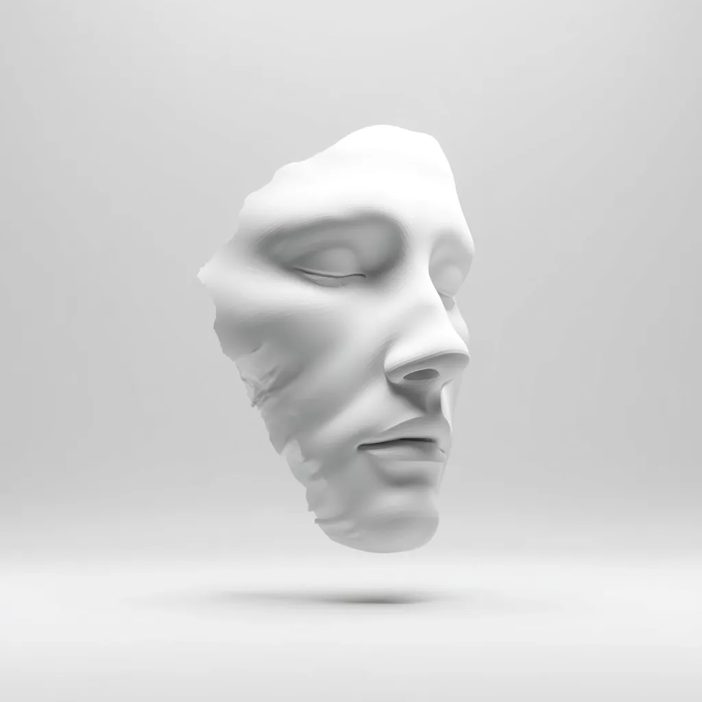 A 3D rendered image showcases a fragmented white sculpture resembling a human face.  Eyes are closed, and the form appears smooth yet fractured, suggesting a sense of incompleteness or vulnerability.  The monochromatic palette and minimalist background emphasize the sculpture's texture and form, creating a serene yet unsettling visual. The piece is presented in a clean, isolated setting.