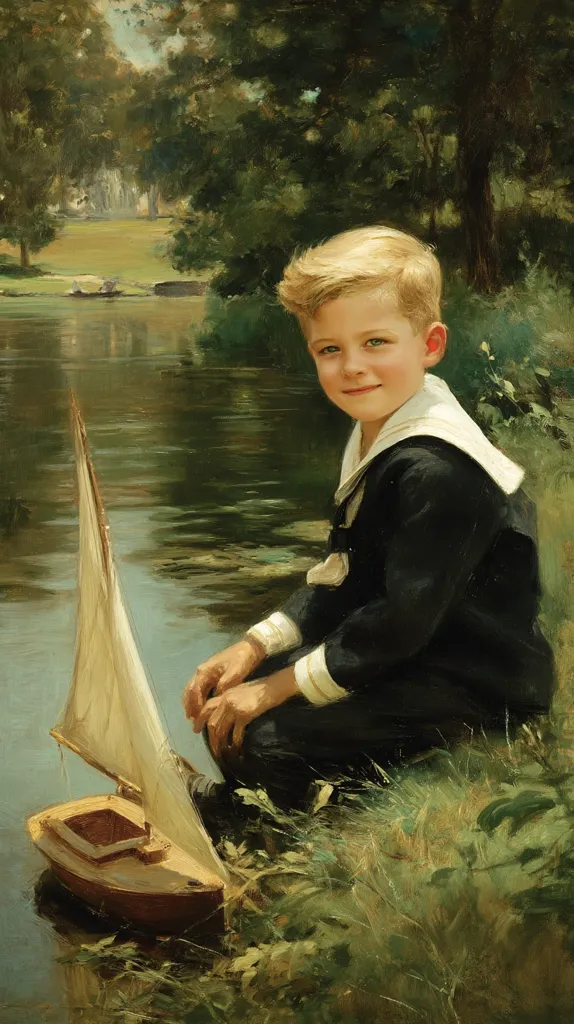 A charming painting depicts a young boy, dressed in a dark sailor suit, seated by a tranquil riverbank.  He holds a small sailboat, its white sails catching the light. The serene landscape, with lush green foliage and a calm river reflecting the trees, creates a peaceful and idyllic scene. The boy's expression is one of quiet contentment.