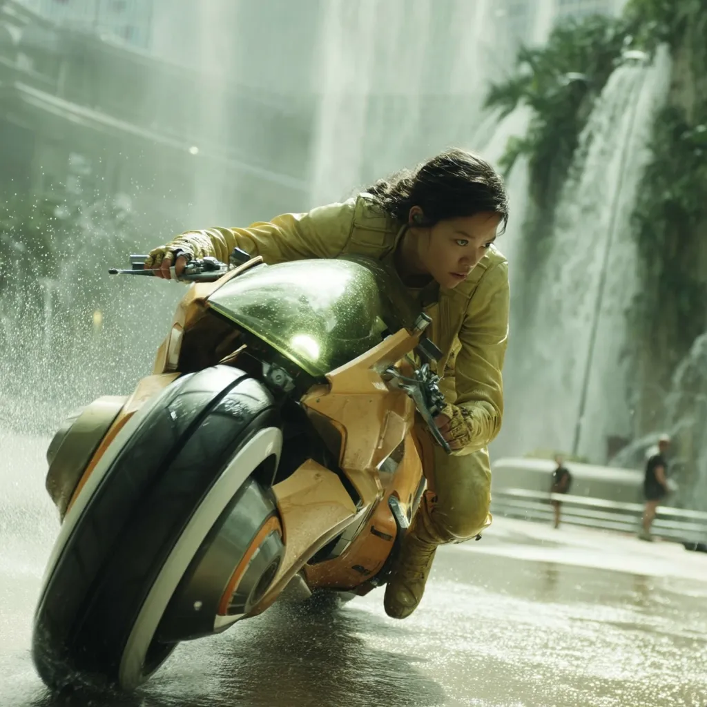 A young woman in a yellow leather jacket leans low over a futuristic, light-brown motorcycle. Water splashes around the bike as she speeds through a city street, a large water feature visible in the background. The scene is dynamic and suggests a high-speed chase or action sequence.  The woman's intense focus is evident as she navigates the wet road.