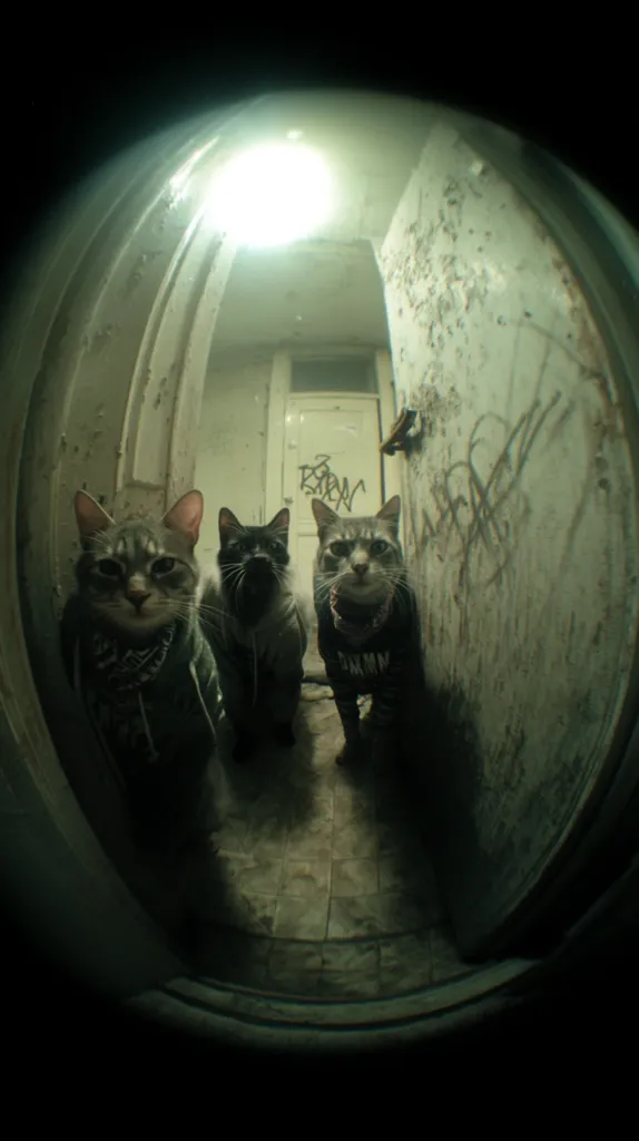 A fisheye lens captures three cats in a dimly lit, graffiti-covered hallway.  The cats, appearing somewhat tough, wear bandanas or scarves.  The setting is rundown, with peeling paint and a worn floor.  The overall atmosphere is gritty and urban.  The image is dark and moody, emphasizing the cats' somewhat rebellious appearance.