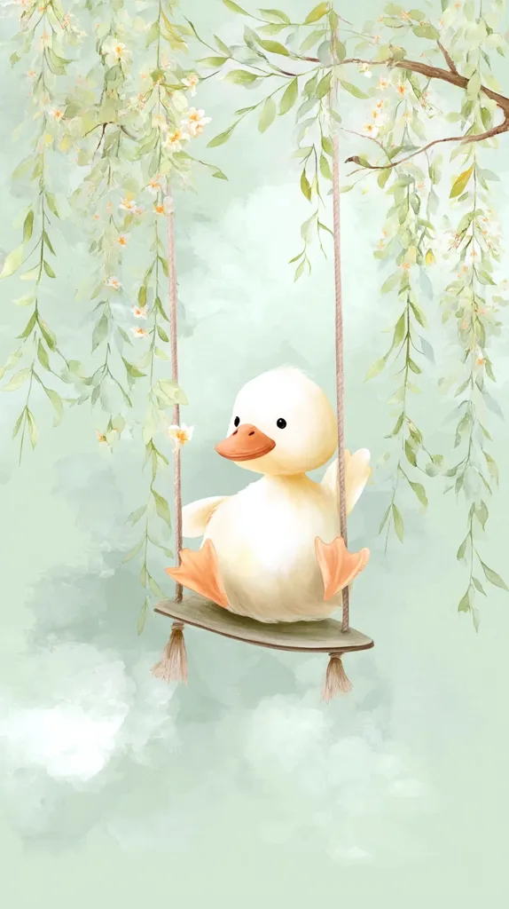 A charming watercolor illustration depicts a cute, fluffy duckling sitting on a swing suspended from a blossoming willow tree.  Soft pastel colors and a dreamy, ethereal background create a gentle and peaceful atmosphere.  The duckling's cheerful expression adds to the overall sweet and whimsical feel of the artwork, perfect for a nursery or children's room.