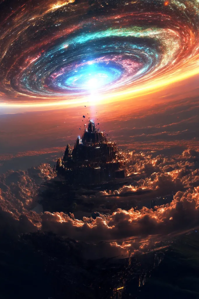 A colossal, dark city, built atop a mountain, pierces a swirling, vibrant nebula.  The nebula's colors range from deep blues and purples at its core to fiery oranges and reds at its edges, with a brilliant, luminous center. The city is bathed in the nebula's light, casting an ethereal glow on the clouds below.  Debris floats between the city and the celestial spectacle above. The scene is otherworldly and breathtaking.