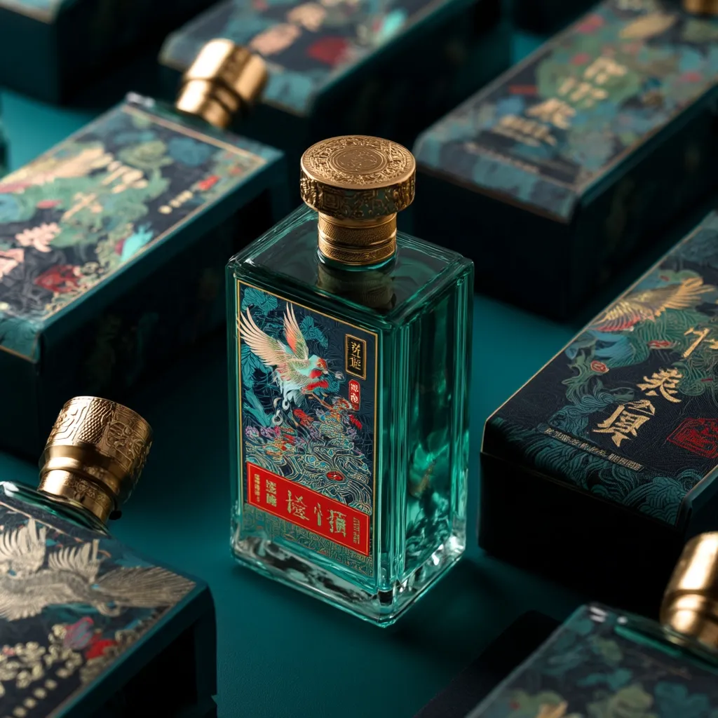 A close-up shot showcases a bottle of jade-green liquor, adorned with intricate gold detailing and a bird-themed design.  The bottle's elegant square shape and ornate cap are complemented by matching packaging, creating a luxurious and traditional aesthetic.  Surrounding the central bottle are several similar boxes, suggesting a collection or set. The overall tone is rich and refined, emphasizing the premium quality of the product.