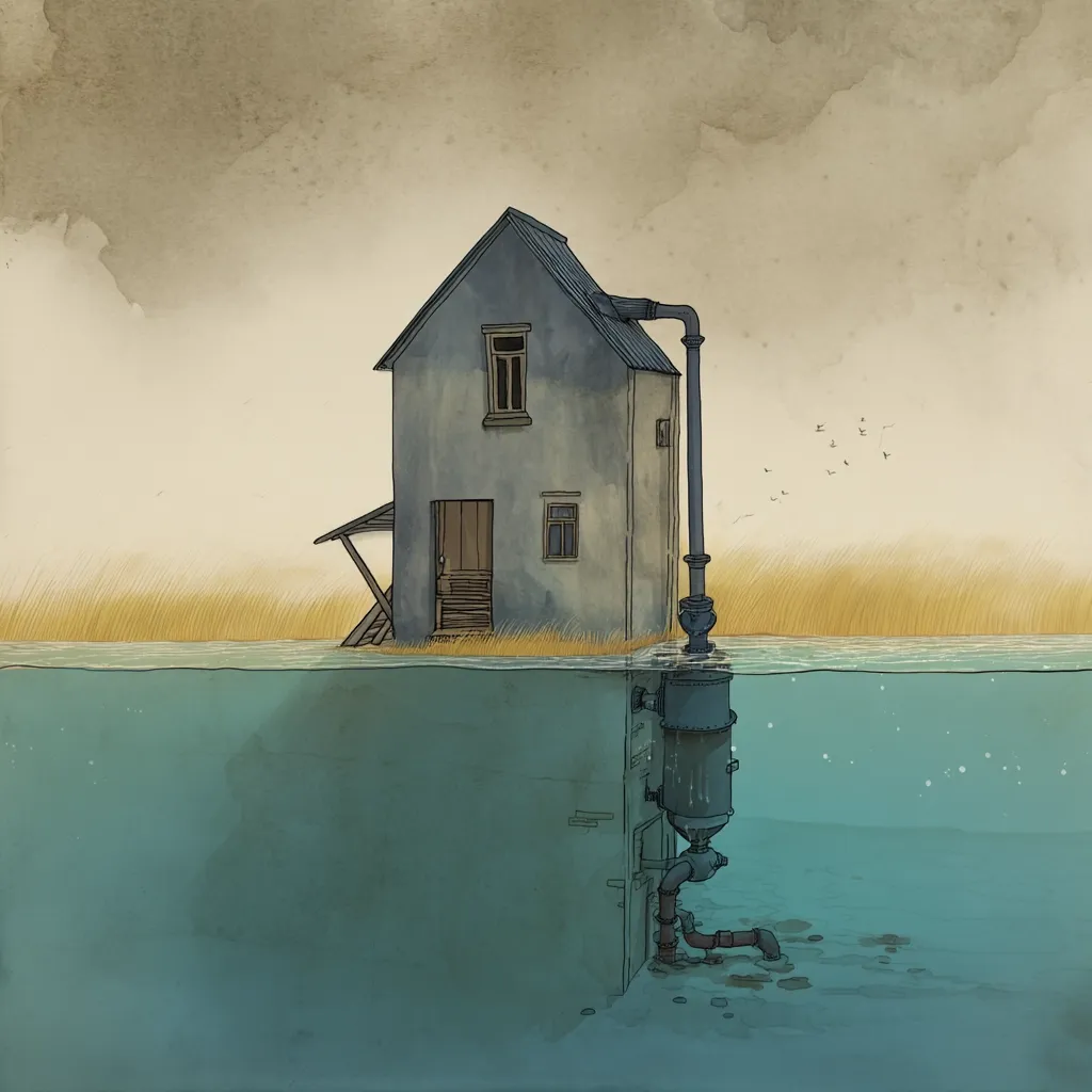 A quaint, grey house sits partially submerged in calm water, its foundation revealing a complex network of pipes and machinery extending underwater.  A tall pipe rises from the house, suggesting a pumping system.  The scene is rendered in a muted palette with a slightly melancholic atmosphere, set against a backdrop of muted yellow reeds and a pale sky. The overall image hints at a hidden infrastructure beneath the surface.