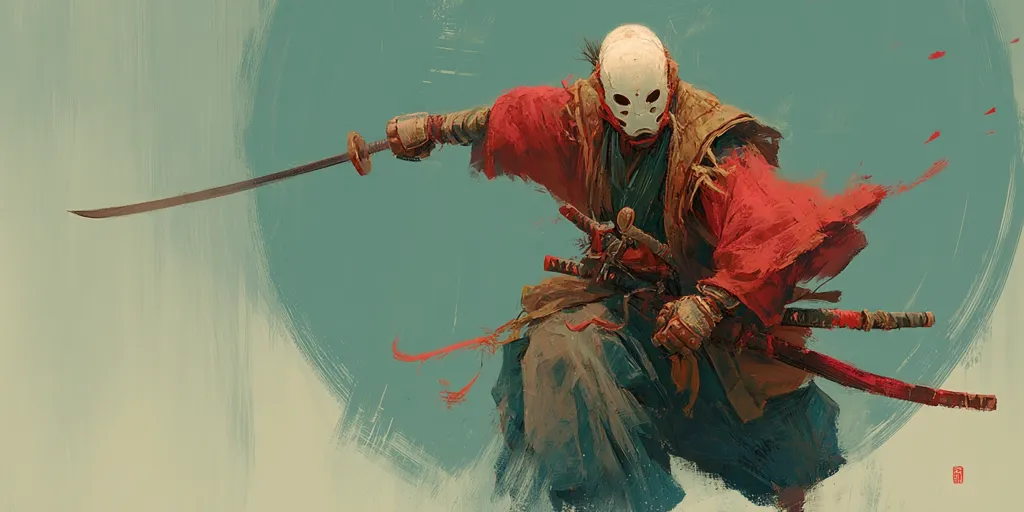 A dynamic painting depicts a samurai in mid-action, wielding a katana.  He's clad in a vibrant red hakama and a unique white mask obscuring his face.  The style is expressive and painterly, with visible brushstrokes creating a sense of movement and energy.  The background is a muted teal, contrasting sharply with the samurai's bold attire and the weapon's sharp lines.  A second, shorter sword is visible at his hip.