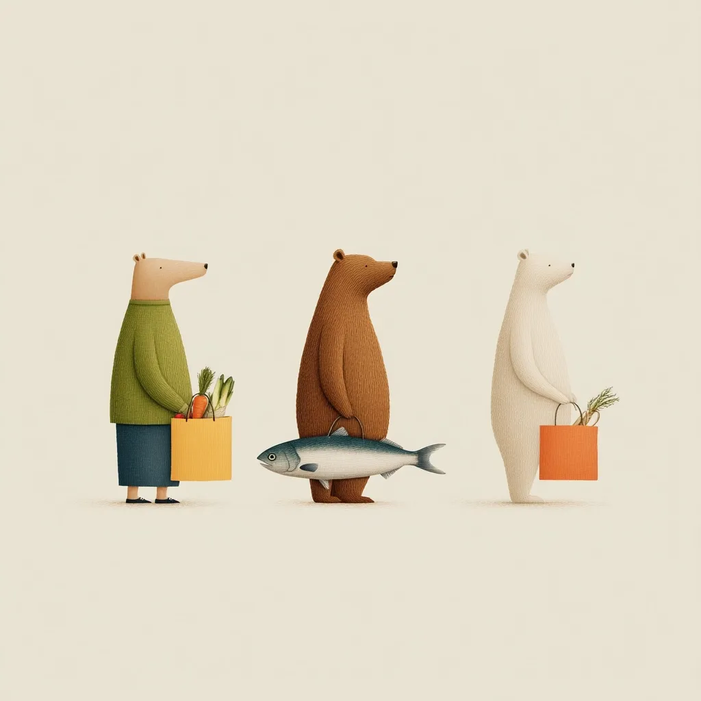 Three stylized bears stand in a row, each carrying a shopping bag.  The bear on the left carries a yellow bag with vegetables. The brown bear in the center holds a salmon. The polar bear on the right has an orange bag with herbs.  The image is simple and charming, with a muted color palette.