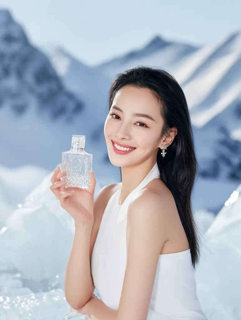 A young woman with long, dark hair smiles warmly while holding a crystal perfume bottle. She's dressed in a simple white halter dress and is posed against a backdrop of a snowy, mountainous landscape.  The image evokes a sense of purity, elegance, and winter freshness.  The overall aesthetic is clean and sophisticated.