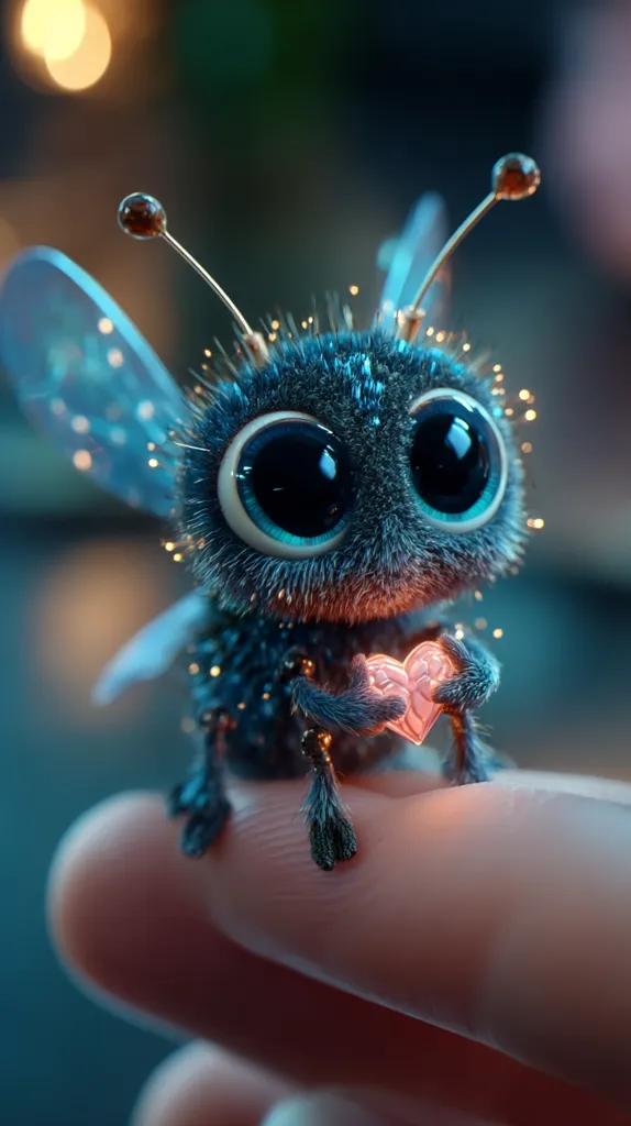 A charming, digitally rendered creature resembling a bee rests on a finger.  Its dark blue, fuzzy body is adorned with sparkling lights and translucent blue wings.  Large, expressive eyes and tiny antennae add to its endearing appeal.  The bee gently holds a glowing pink heart, creating a whimsical and heartwarming image.