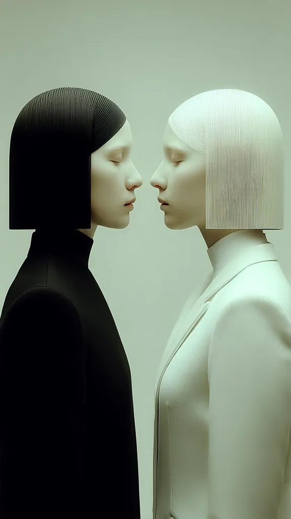 Two figures, one in black and one in white, face each other.  Their heads are covered by structured, pleated headpieces; the black one is sharply angular, while the white one is softer and more flowing. They stand in profile, their faces close, suggesting a moment of intense connection or contemplation. The minimalist background emphasizes the stark contrast between the figures and their clothing.  The image is evocative of duality and opposing forces.