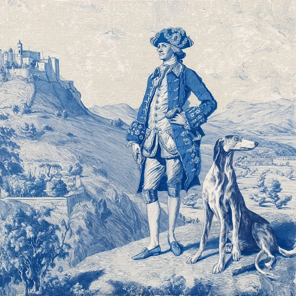 A blue-toned illustration depicts a man in 18th-century attire, standing confidently with a hound by his side. He's dressed in a richly detailed coat and breeches, his hand resting on his hip. The backdrop showcases a picturesque landscape with a distant castle perched atop a hill, suggesting a scene of aristocratic leisure or perhaps a hunting expedition. The detailed etching style enhances the image's historical and elegant feel.