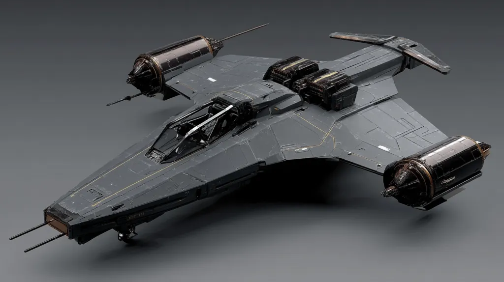 A sleek, dark gray spacecraft dominates the image, its design hinting at speed and agility.  Twin engines are prominent at the rear, while a cockpit canopy is visible at the front.  The ship features angular lines and subtle gold detailing.  Its overall aesthetic blends futuristic technology with a sense of worn functionality. The background is a neutral gray, emphasizing the ship's form.